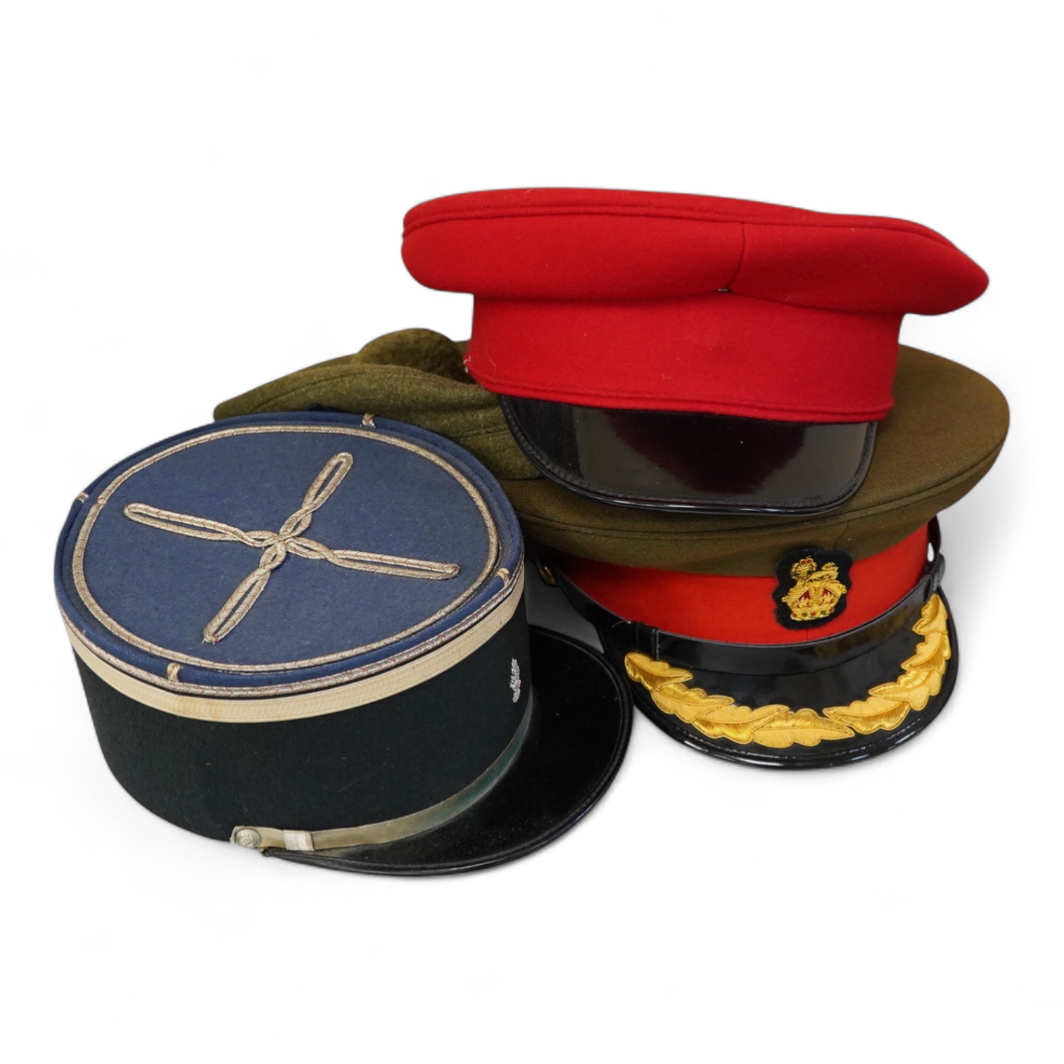 Four various caps, French Gendarme police hat etc
